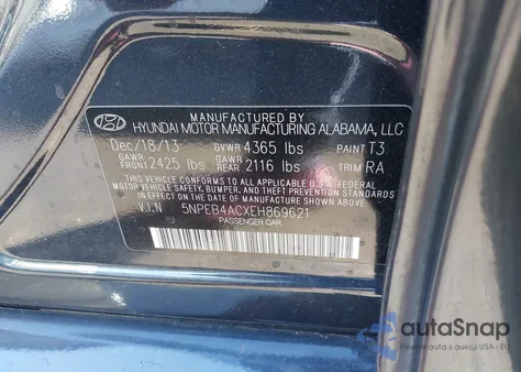 2014 Hyundai Sonata Gls z USA, uszkodzony, nr VIN 5NPEB4ACXEH869621